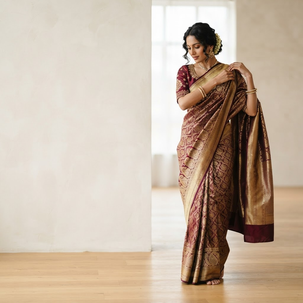 Model draping a premium burgundy and gold silk saree